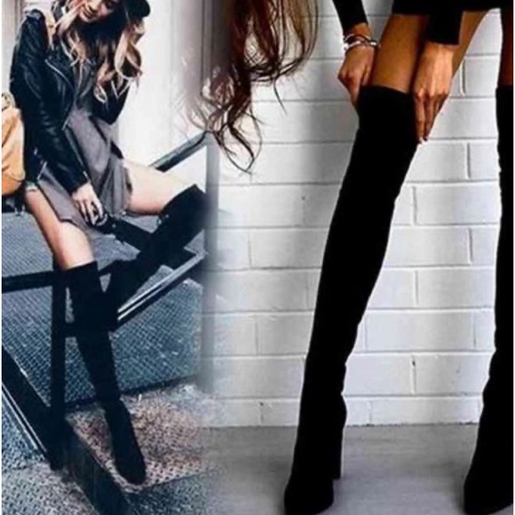 CLEARANCE Vegan Suede Black Over Knee High Heel Sexy Lined Tie Velvet boots - Picture 3 of 8